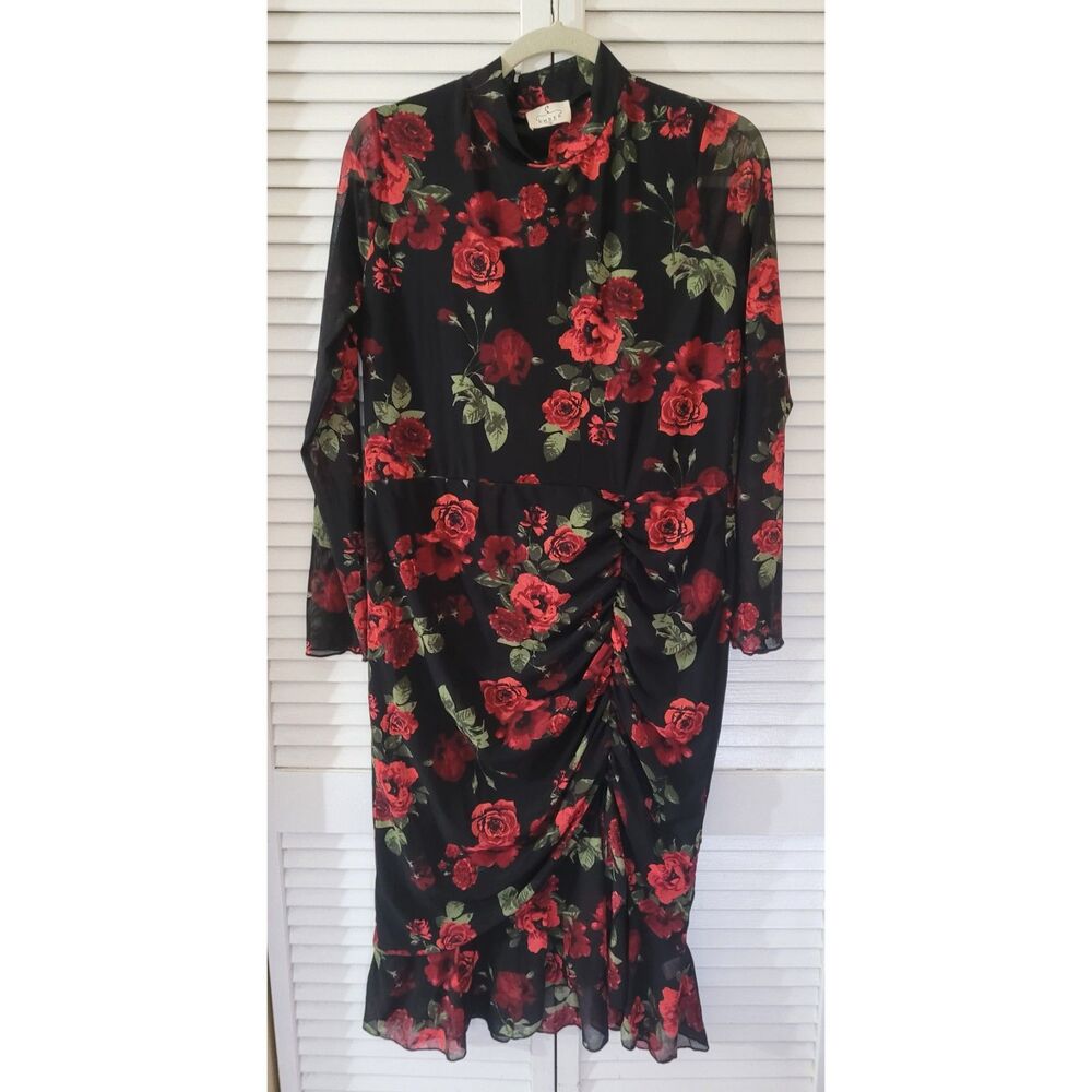 Ember Black Red Rose Floral Mock Neck Long Sleeve Midi Dress Size XL